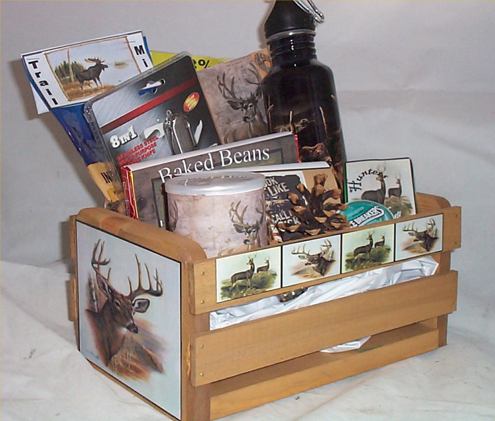 Deer Lodge Wood Crate Water Bottle Hunters Gift Basket 
