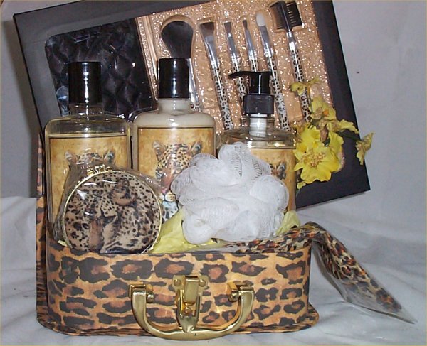 Leopard Bath and Beauty Gift Basket Trinket Box Lotion Shower Gel Hand