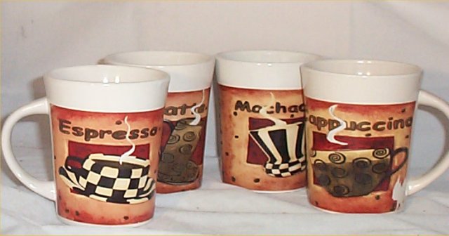 Coffee Cafe Mugs Set of 4 Kitchen Tea of Coffee Mugs Chef Bistro Decor