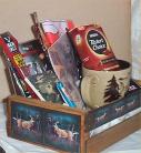 Deer Hunters Wood Crate Gift Basket Coffee Mug Cookies Candy Nuts Cards Jerky