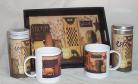 Primitive Coffee Mugs Gift Basket Cookies Wood Tray Folk Art Kitchen Coffee 