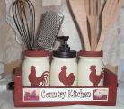 Rooster Mason Jar Set Country Red Lotion Soap Pump Crate Utensil Holder Flowers